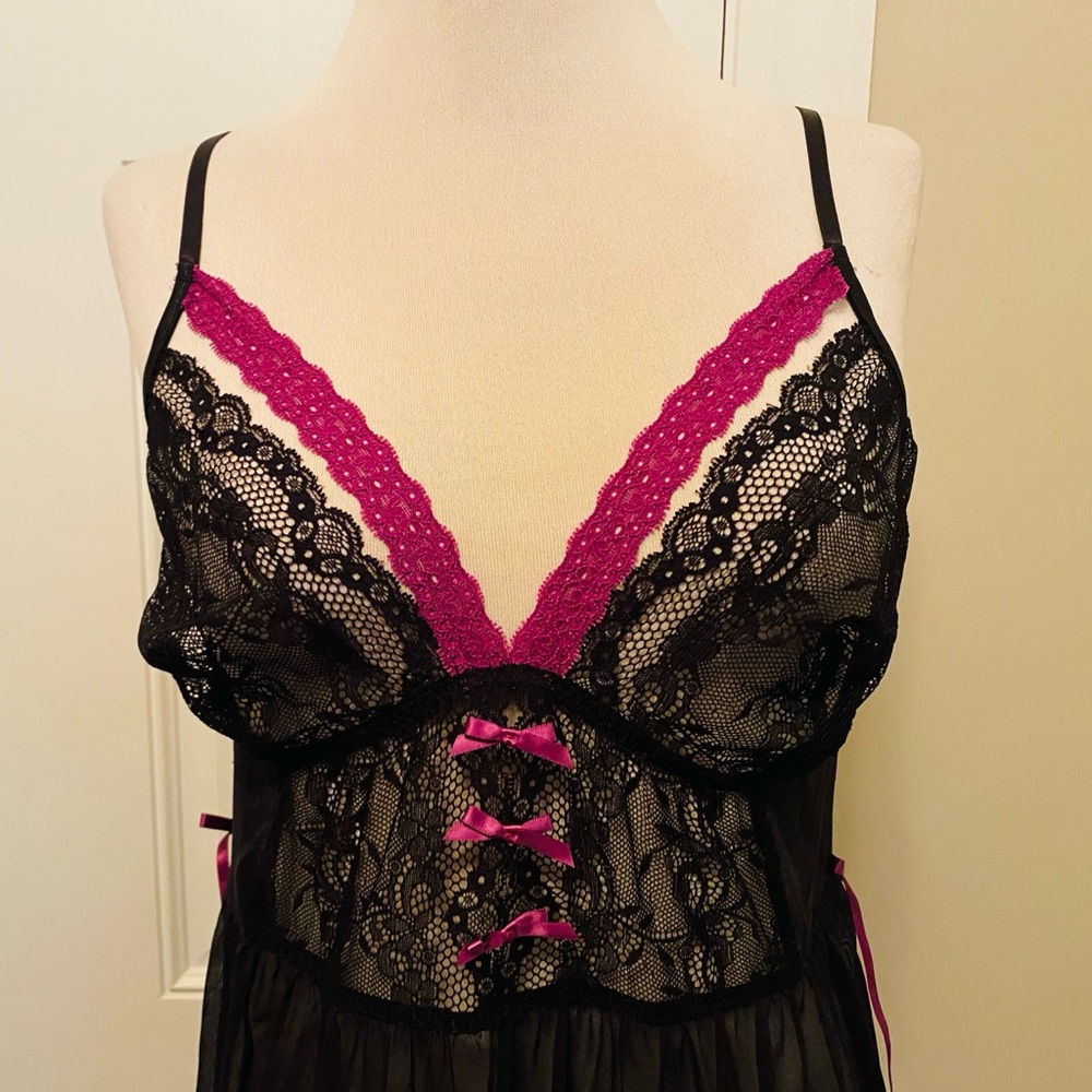 Adore Me Black Lace Chemise with Hot Pink Trim